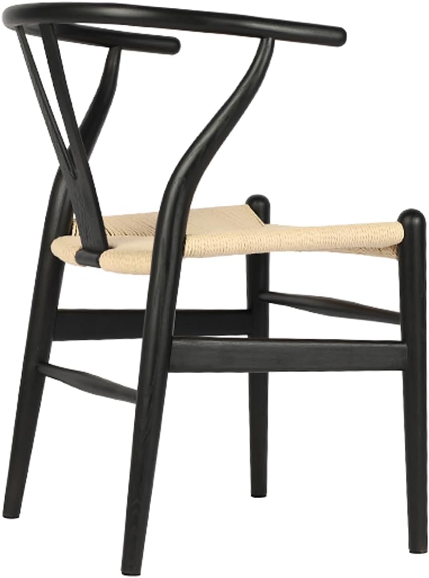 Tomile Solid Wood Wishbone Chair Y Chair Mid-Century Armrest Dining Chair, Hemp Seat (Ash Black + Natural Rope, Pack of 4)