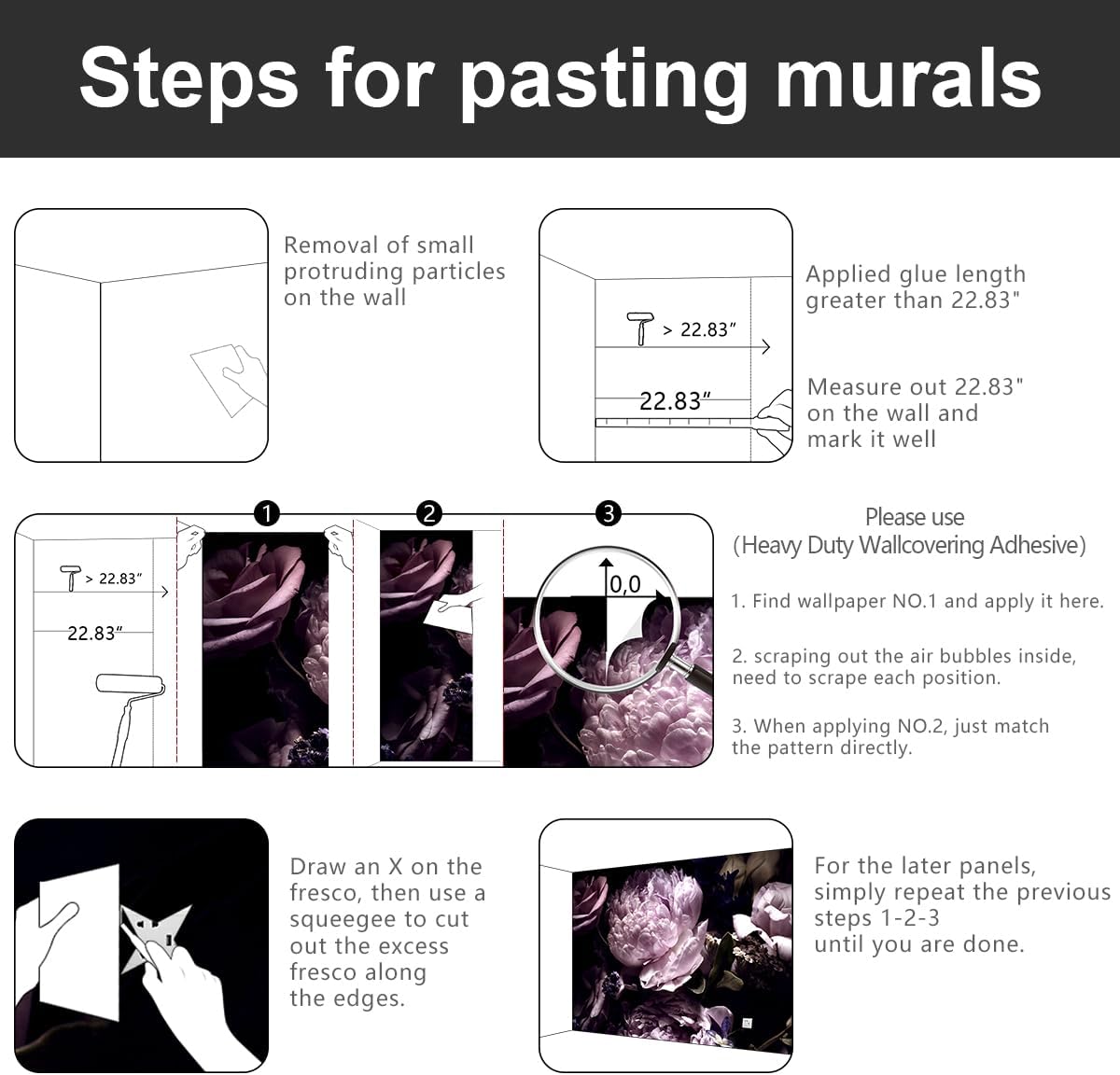 -Black Peony Purple Floral Botanical Fabric Wallpaper Living Room Bedroom Bathroom Dark Flowers Large Wall Mural- 160"x108"( not Peel and Stick)