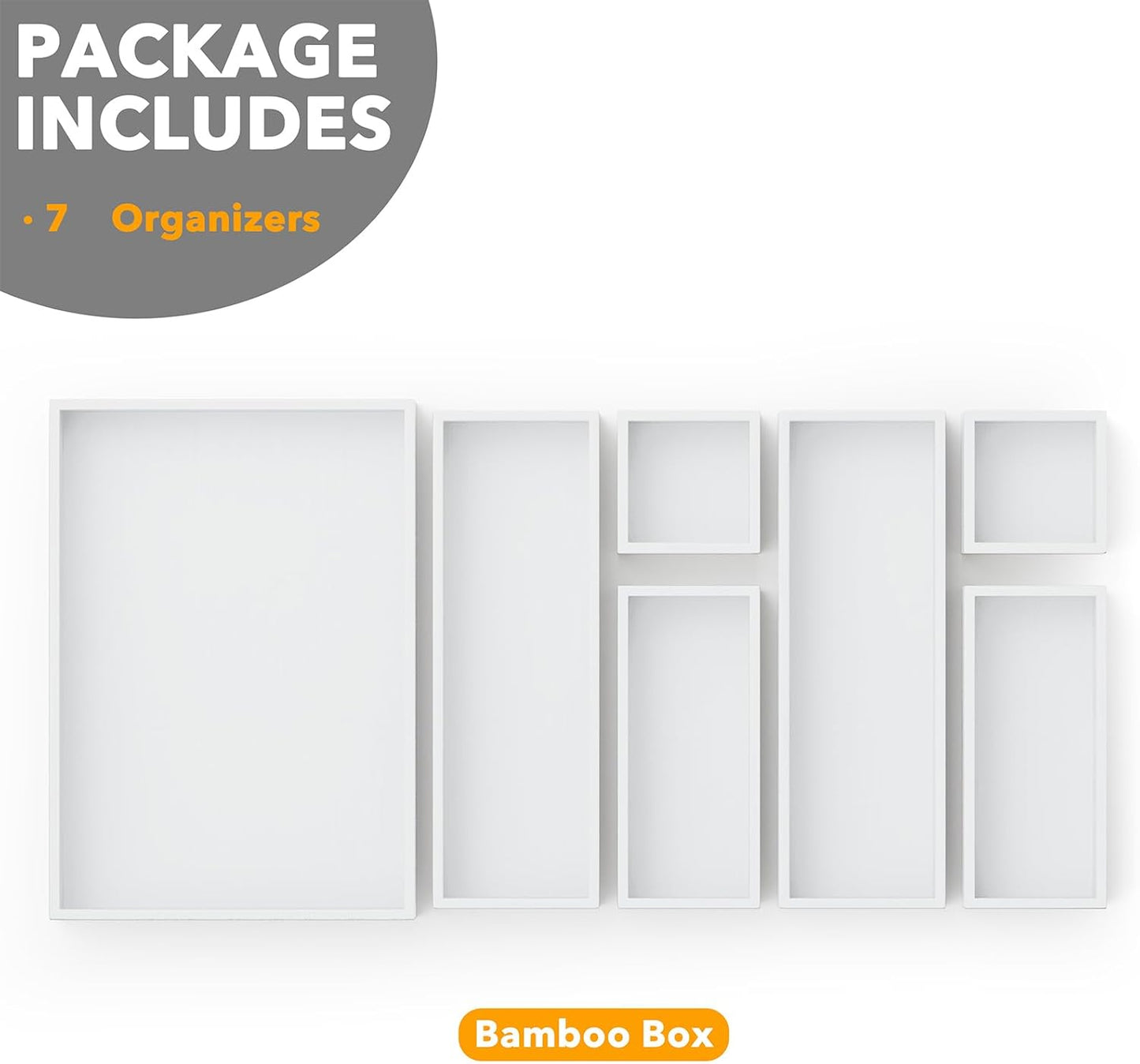 SpaceAid 7-Piece Bamboo Drawer Organizer Storage Boxes Set, Wood Tray Junk Drawer Organizers Multi-Use Divider Bins for Kitchen, Bathroom, Office Desk and Makeup Organization (7 Pack, White)