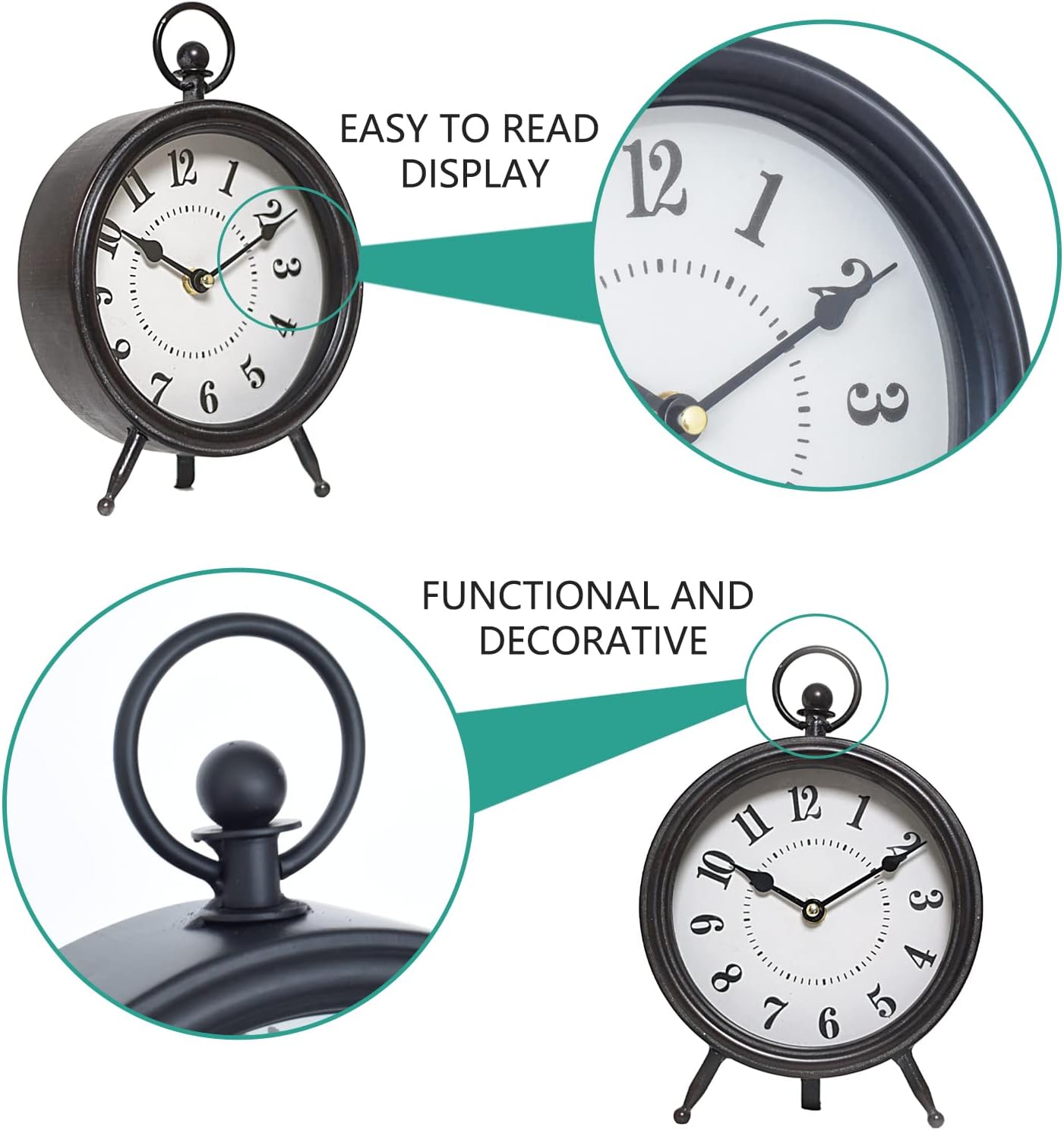 Vintage Black Table Clock on Stand, Decorative Desk and Shelf Clock, Rustic Mantel Clock Farmhouse Clock Non-Ticking