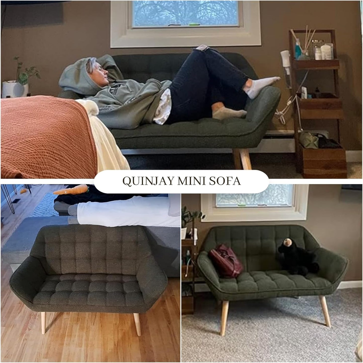 48" Small Loveseat Sofa, Modern Sherpa Mini Sofa Couch 2-Seater Fluffy Love Seat with Quilting Backs and Wood Legs for Living Room, Bedroom and Small Space, White