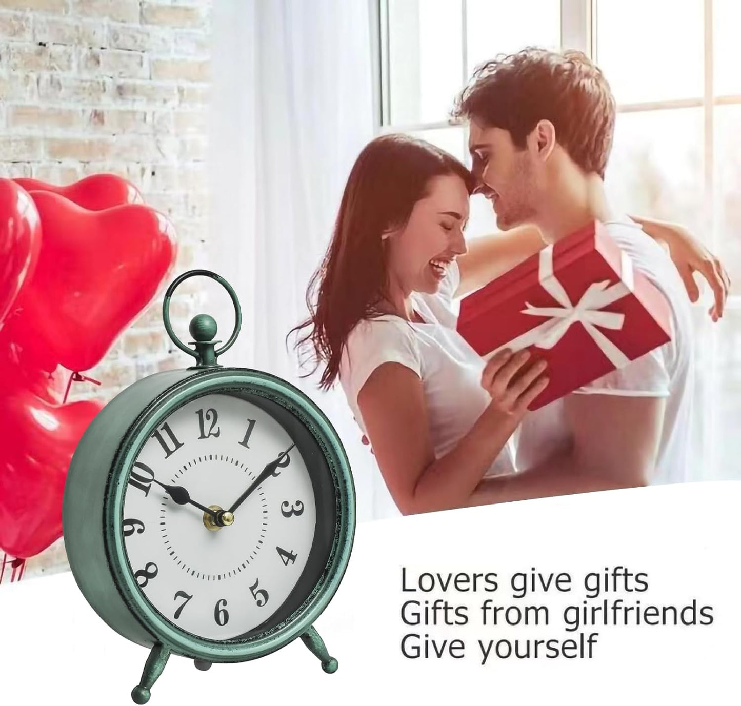 Vintage Small Rustic Green Table Clock on Stand - Decorative Desk and Shelf Clock, Battery Operated, Silent Non-Ticking Timepiece Perfect for Office, Living Room, and Bedroom Decor