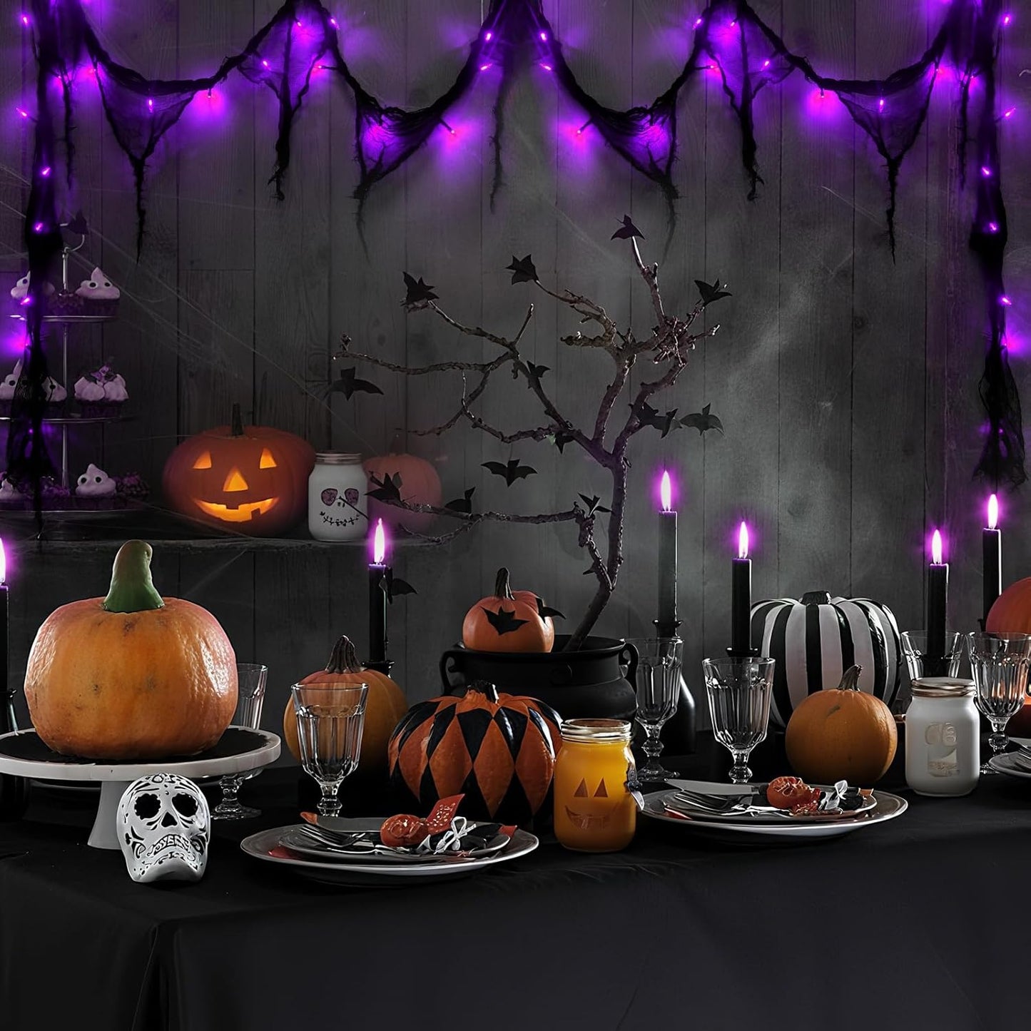 Halloween Horror Atmosphere Lights, Orange&Purple LED String Lights with 9.9FT Creepy Black Gauze, Battery Powered with Timer & 8 Flashing Modes (2 Pack Purple)