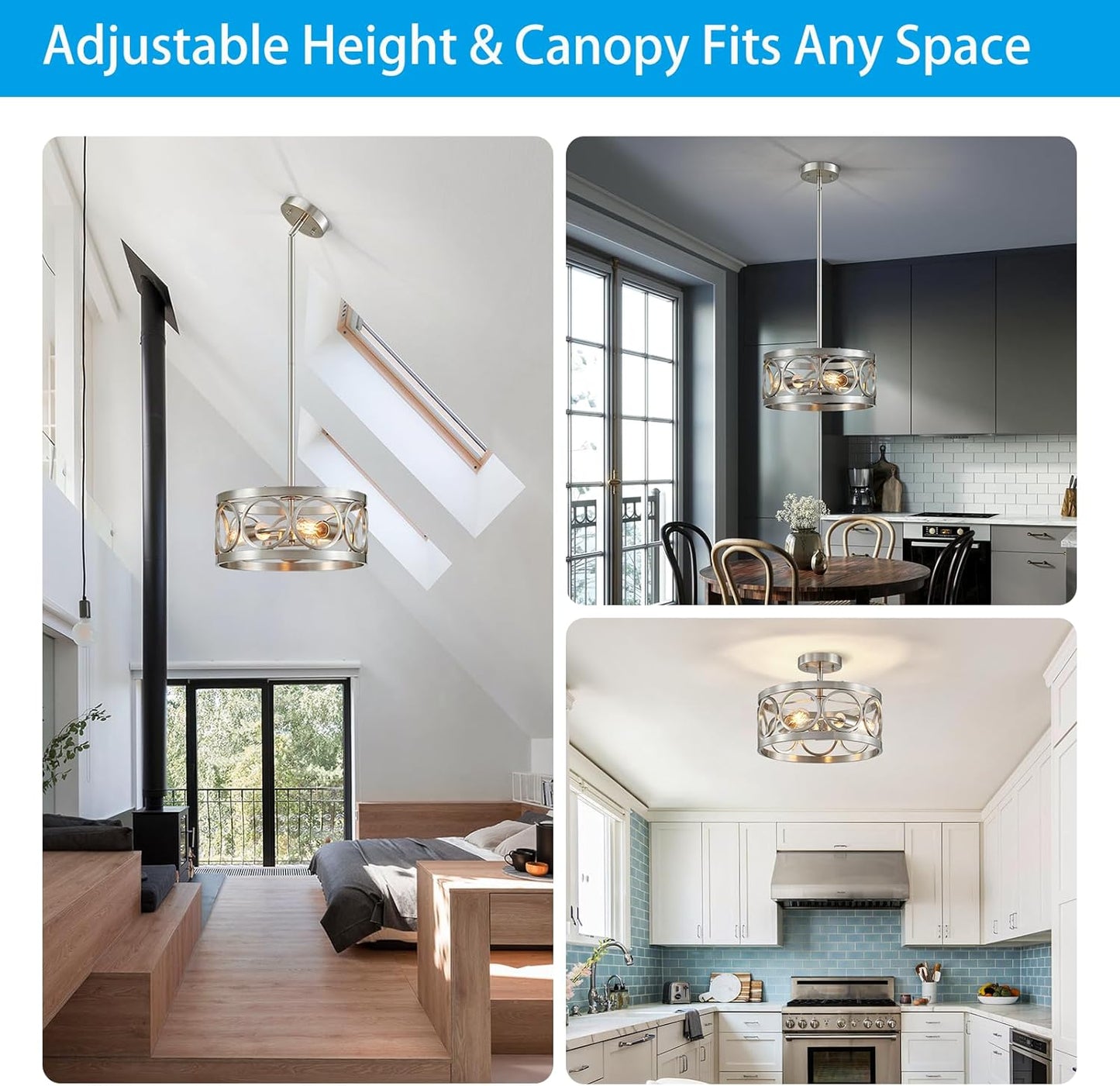 XINGQI Nickel Ceiling Light Adjustable Height Pendant Lighting Fixture 3-Light Metal Lamp 13" Rustic Round Lights for Dining Room Kitchen Bedroom Foyer Hallway