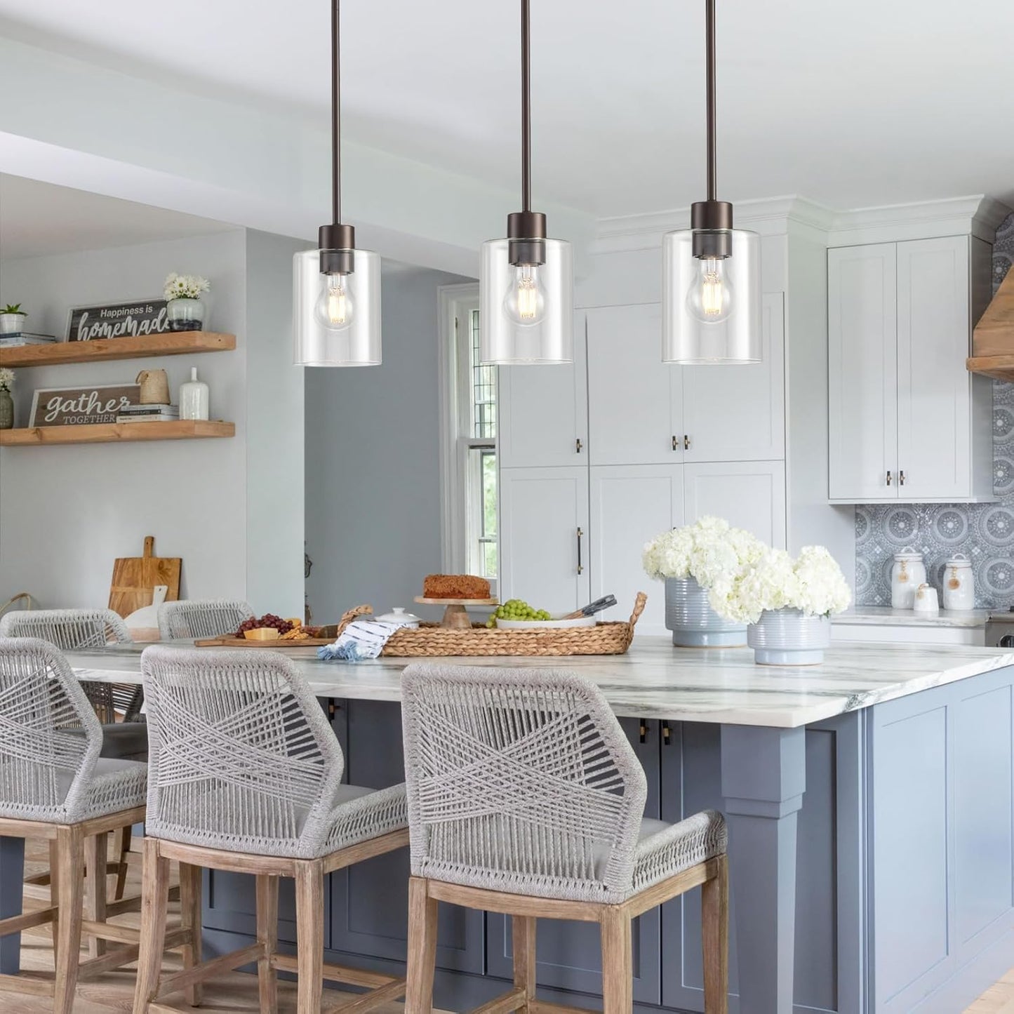 Oil Rubbed Bronze Pendant Lights Kitchen Island - Clear Glass Pendant Light Fixture Multiple Stems Rods 3 Units 12 Inch 3 Units 4 Inch (2 Pack Oil Rubbed Bronze Downrod)