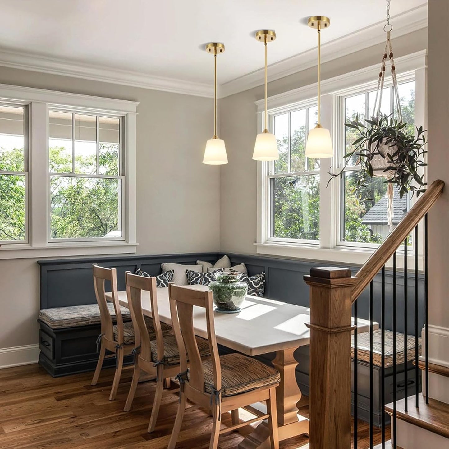 Modern Gold Pendant Light 3 Pack Brushed Brass Mid Century Chandelier White Cylinder Glass Shades Adjustable Rods Farmhouse Ceiling Hanging Lighting Fixture Kitchen Island Dining Room Bedroom