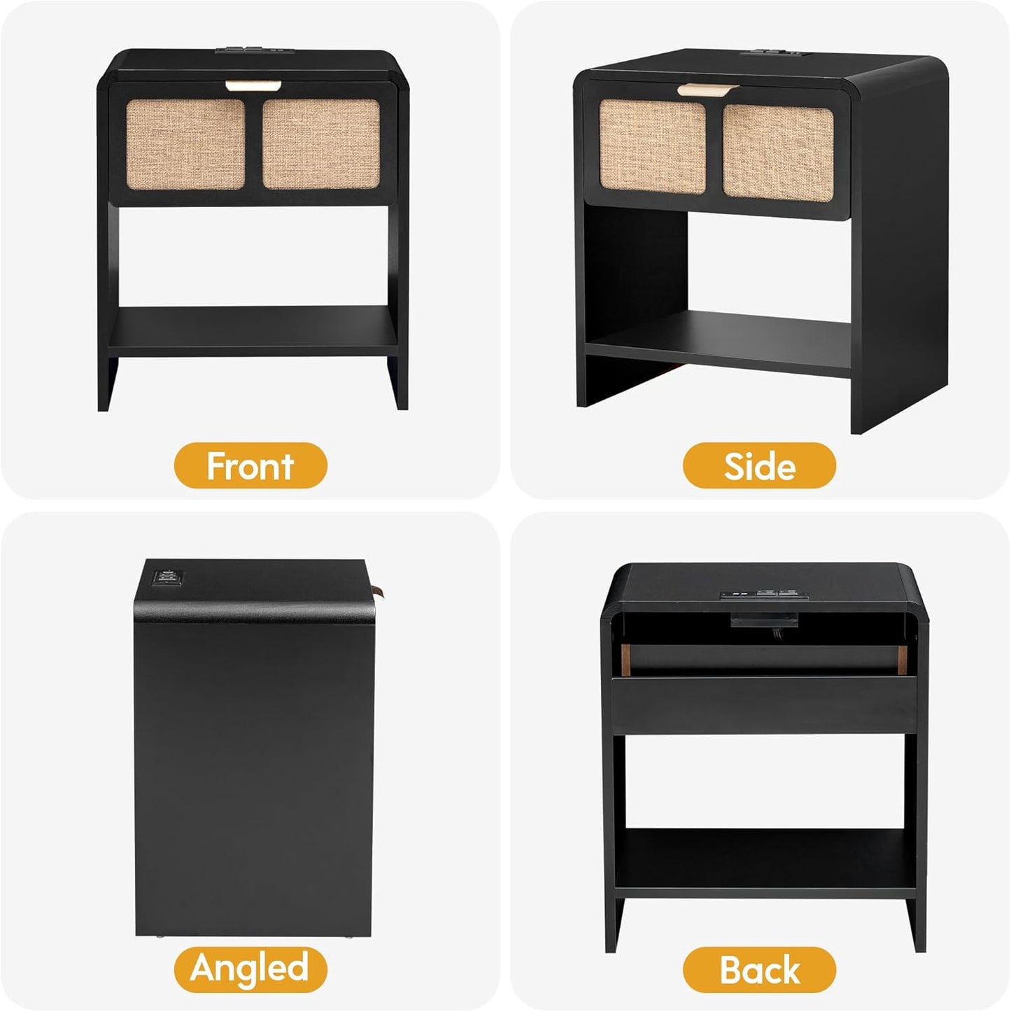 LEVNARY Nightstand with Charging Station, Mid-Century Modern Bedside Table with Curved Top Corners and Fabric-Like Textured Drawer, Wooden End Table for Farmhouse Bedroom Living Room (1, Black)