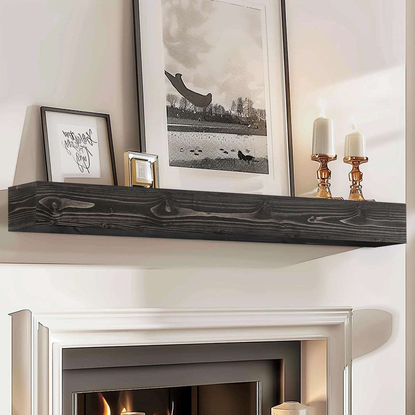 60x8x5 Fireplace Mantel - Handcrafted Hollow Rustic Solid Wood Wall Mounted Floating Shelf with Invisible Heavy Duty Wood Bracket (Weathered Black)