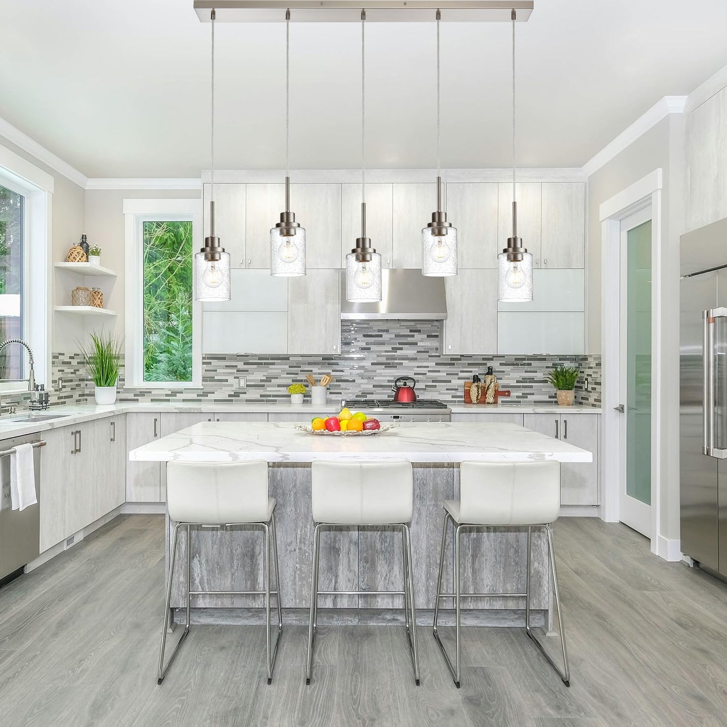 Lighting Contemporary Brushed Nickel Linear Chandelier Pendant Light 5 Lights Clear Seeded Glass Farmhouse Pendant Lighting Modern Dining Room Light Fixture for Living Room Kitchen Island