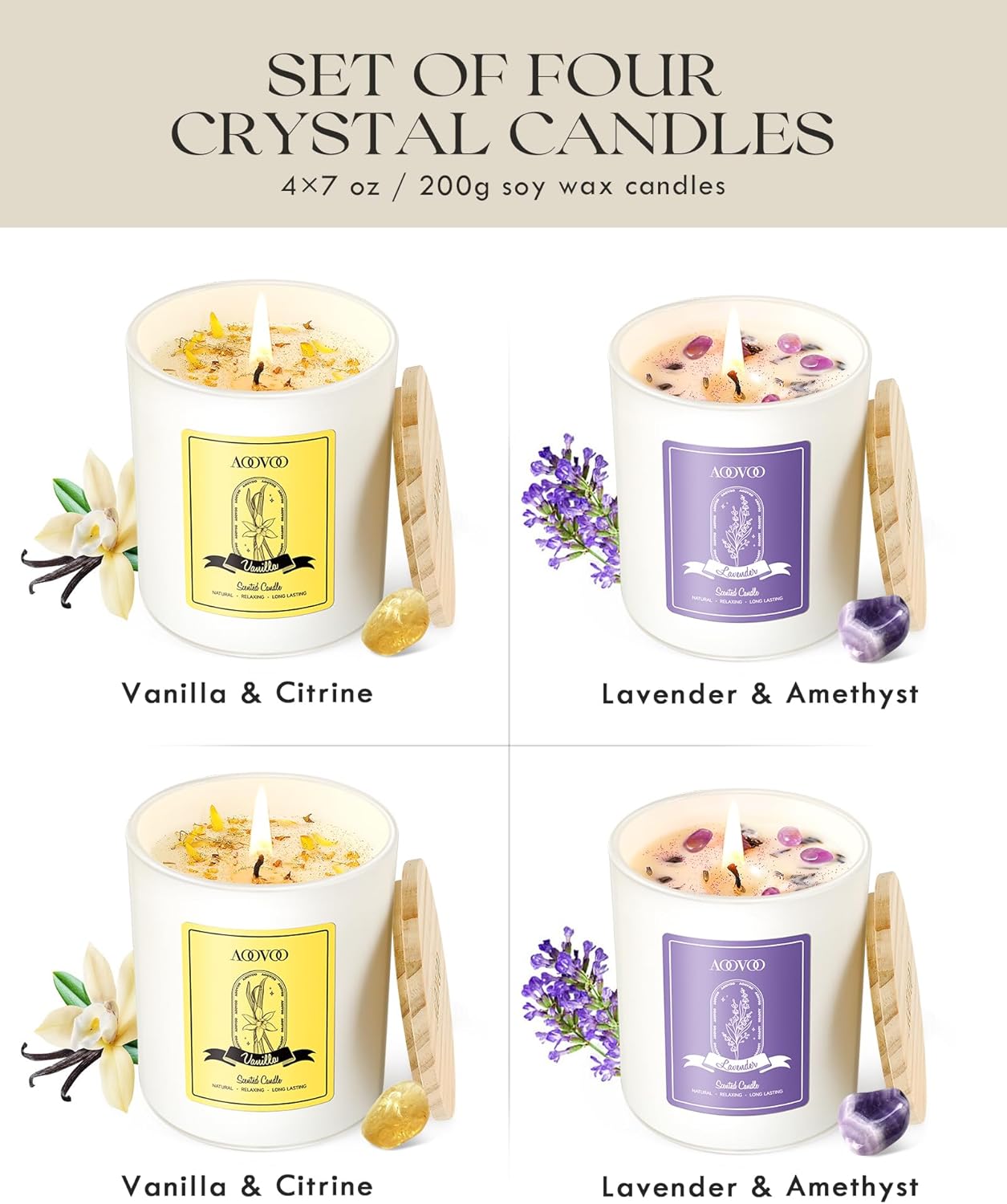 AOOVOO Lavender Candles Set for Women - 4 Pack Candles for Home Scented, 28 oz 200 Hour Long Lasting Aromatherapy Candle with Crystals Inside, Birthday Gifts Mothers Day Candle for Women Mom