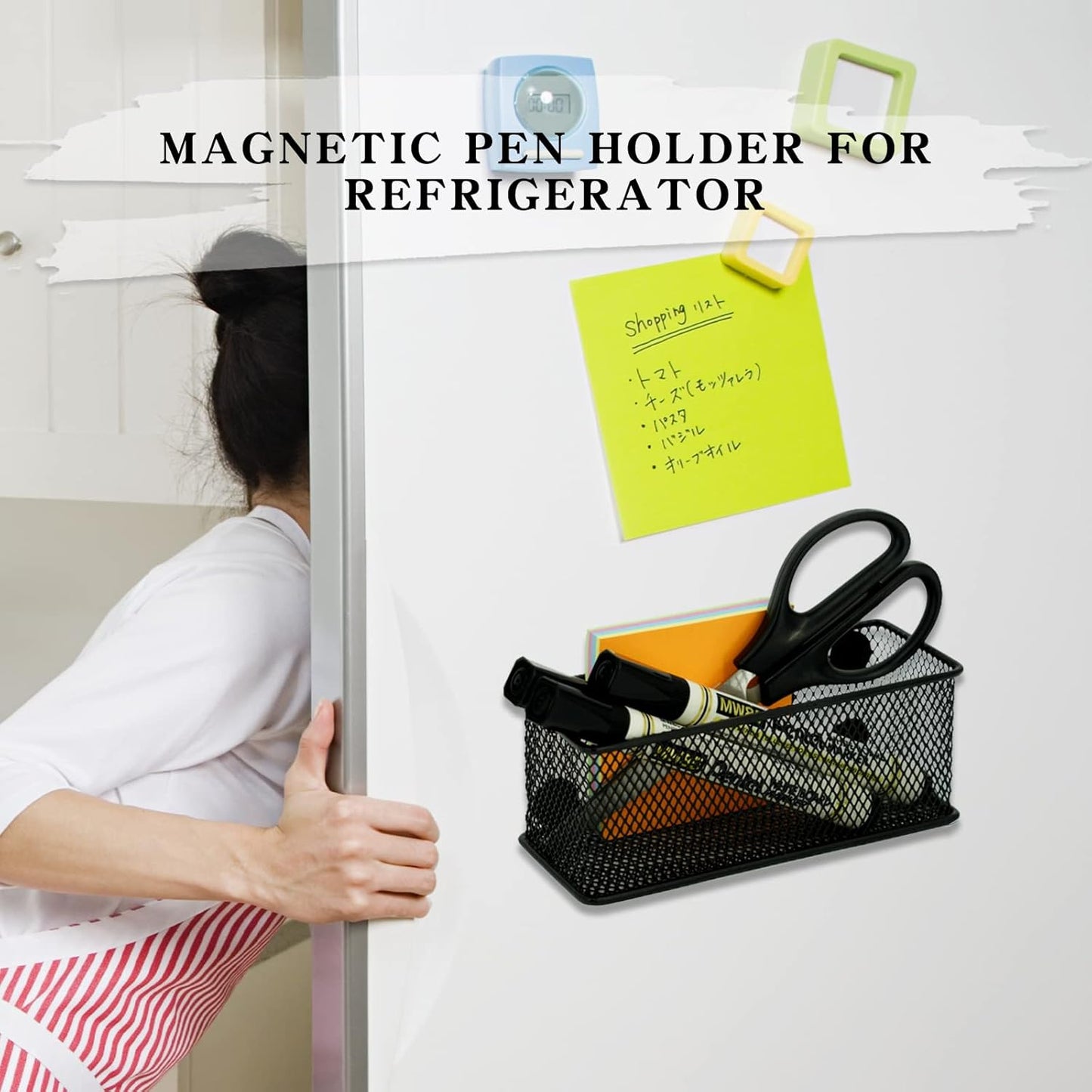 Neudeco Magnetic Locker Organizer and Accessories,Wire Mesh Magnetic Storage Basket ,Magnetic Holder for Dry Erase Markers,Strong Magnet Pen Holder for Fridge School,Pack 3 (Black)