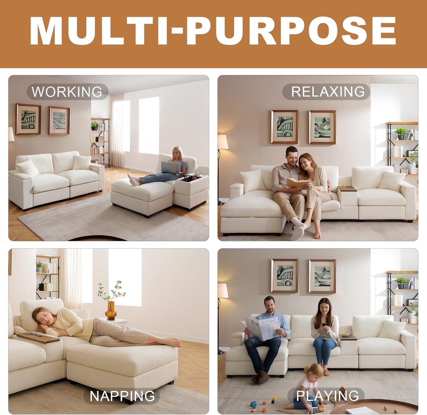 120.3" Modern L-Shaped Sectional Sofa with 360°Swivel Drop-Down Table, Storage Armrest, USB Ports & Movable Storage Ottoman – Plush Linen Cloud Couch for Lounge (Beige)