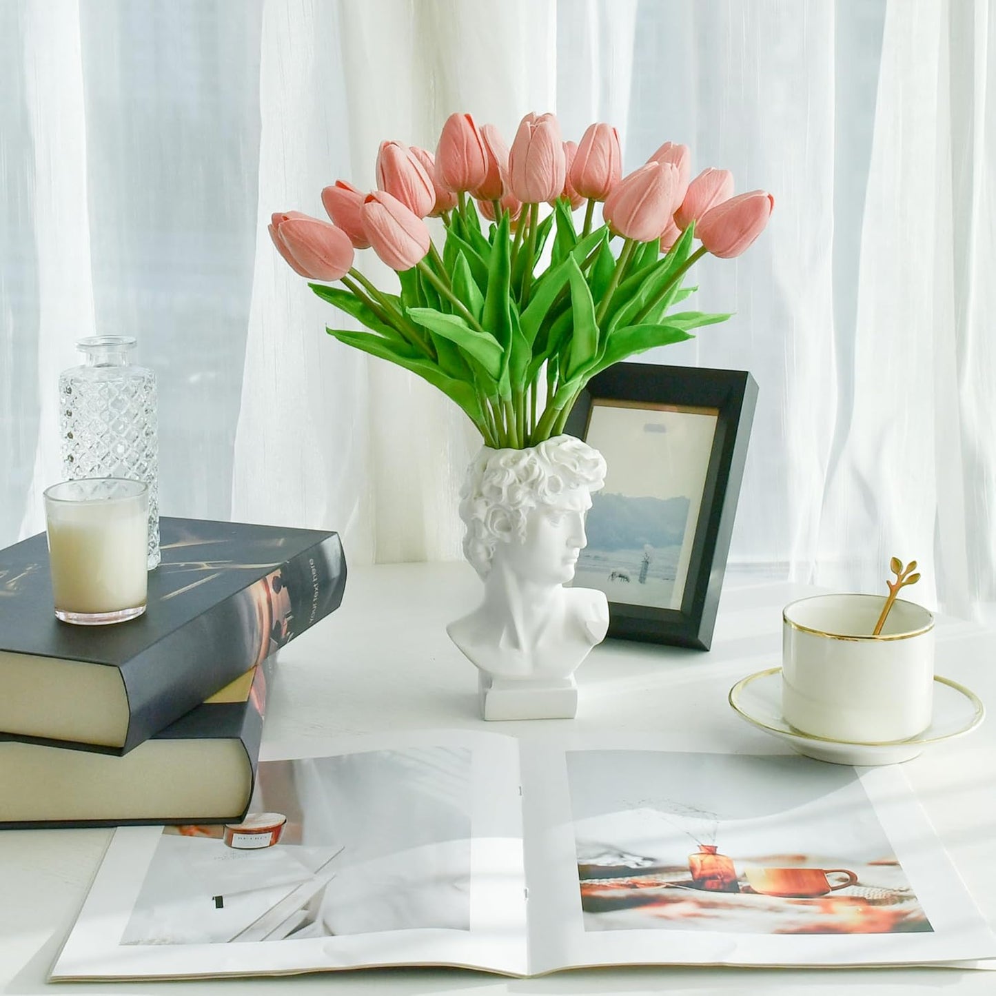 Mandy's Artificial Tulips 20 Stems Dusty Pink PU Faux Flowers for Wedding Home Decor 13.5 Inch