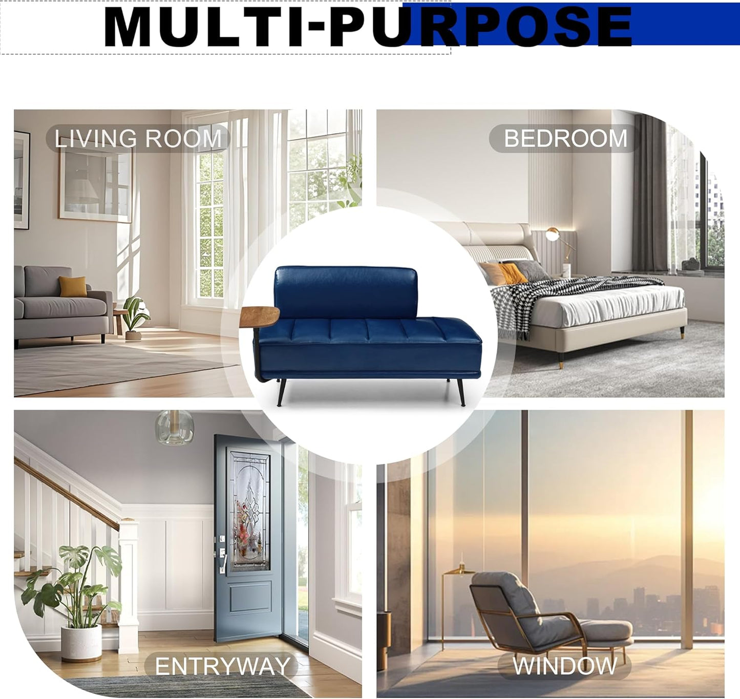 Sofa,Bed Bench,Small Spaces Furniture,Polyurethane Leather,Wood Frame,High Density Sponge Infillings,360-Degree Swivel Tray,Black Metal Leg (Blue)