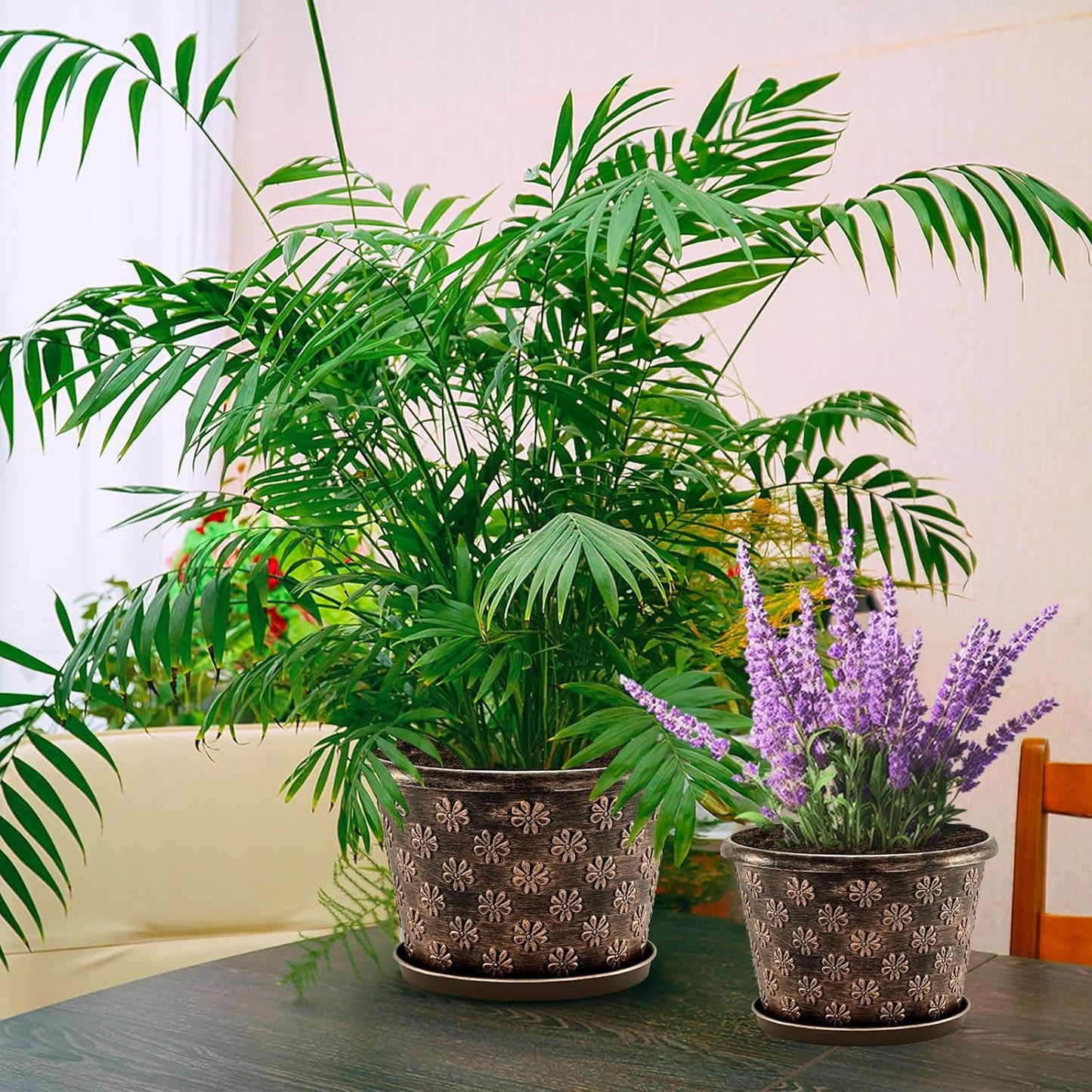 10 Inch Planter Pots for Plants, 4 Pack Plastic Large Flower Pots Indoor Outdoor, Resin Plant Pot with Drainage & Saucer, Retro Decorative Garden Pot with Removable Trays for House