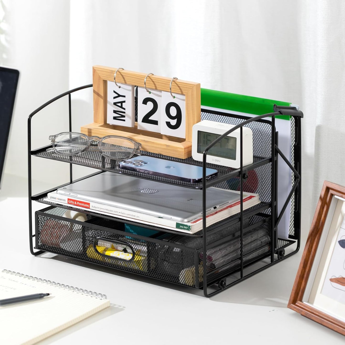 Amazon Basics Rectangular Desk Organizer 3 Tray w/Sliding Drawer and Hanging File Holder, Black