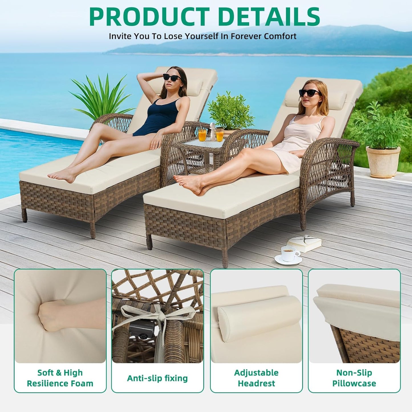 VIVIJASON 3 Pieces Outdoor Wicker Chaise Lounge Chair Set, All-Weather PE Rattan Cushioned Patio Lounger Set of 2 with Side Table, Adjustable Pool Sunbathing Recliner with Armrest & Pillow, Beige