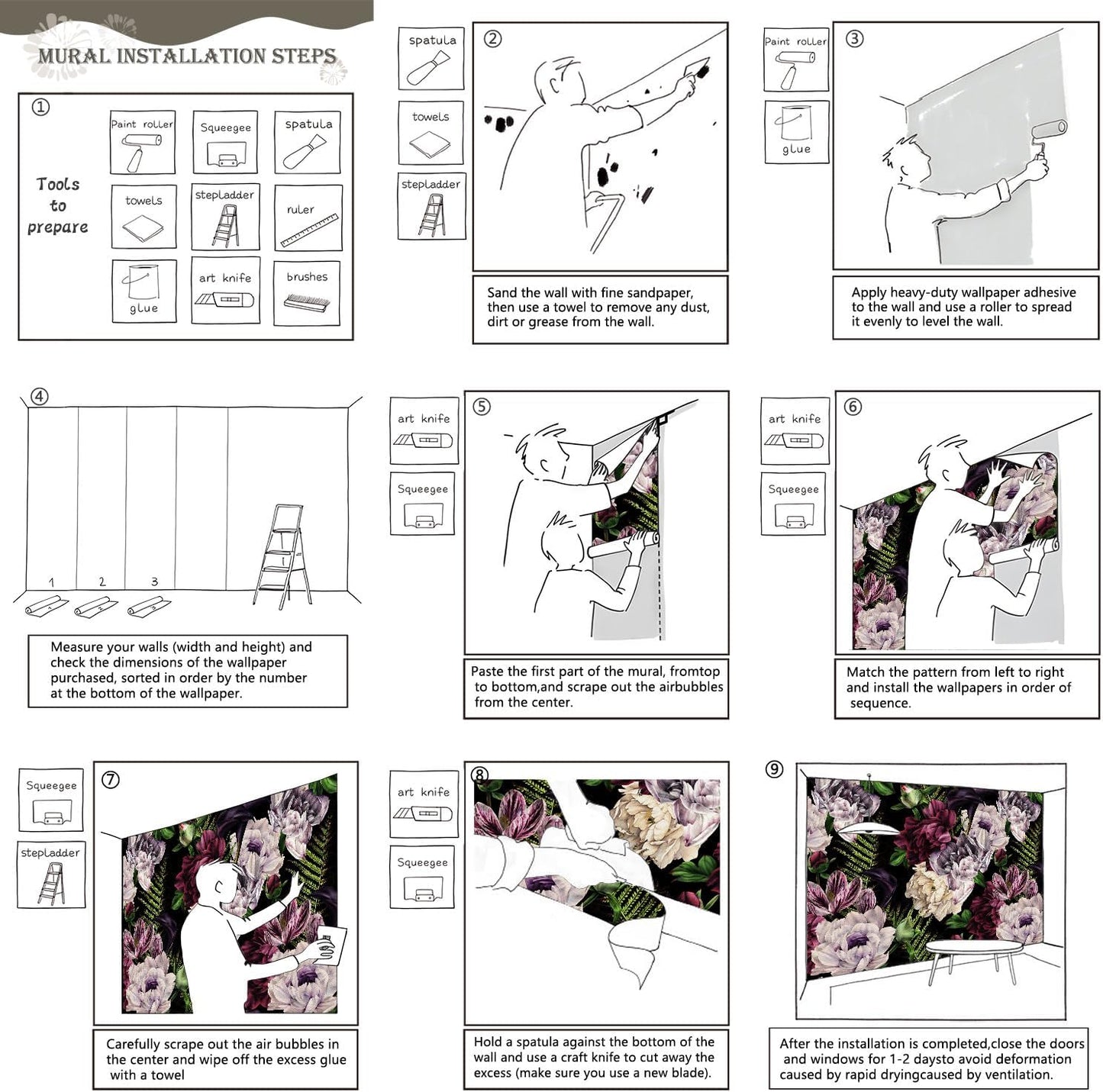 AFZEVEB-Purple Peony Wallpaper Watercolor Floral Wall Mural for Bedroom 159"x107"(Not Peel and Stick)