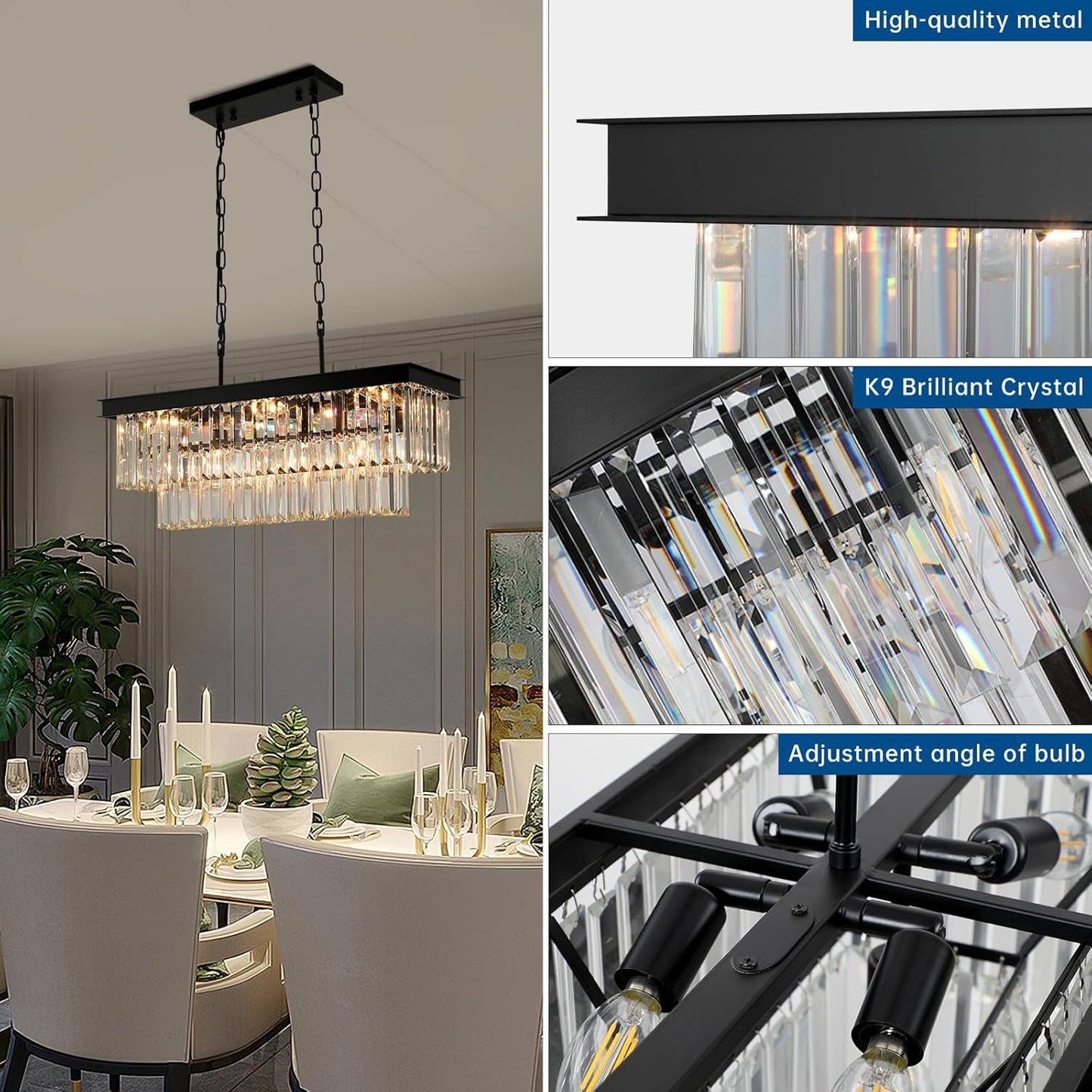 Black Crystal Chandeliers for Dining Room Light Fixtures Over Table,9-Lights Modern Rectangle Chandeliers for Kitchen Island Bar L28 Inch