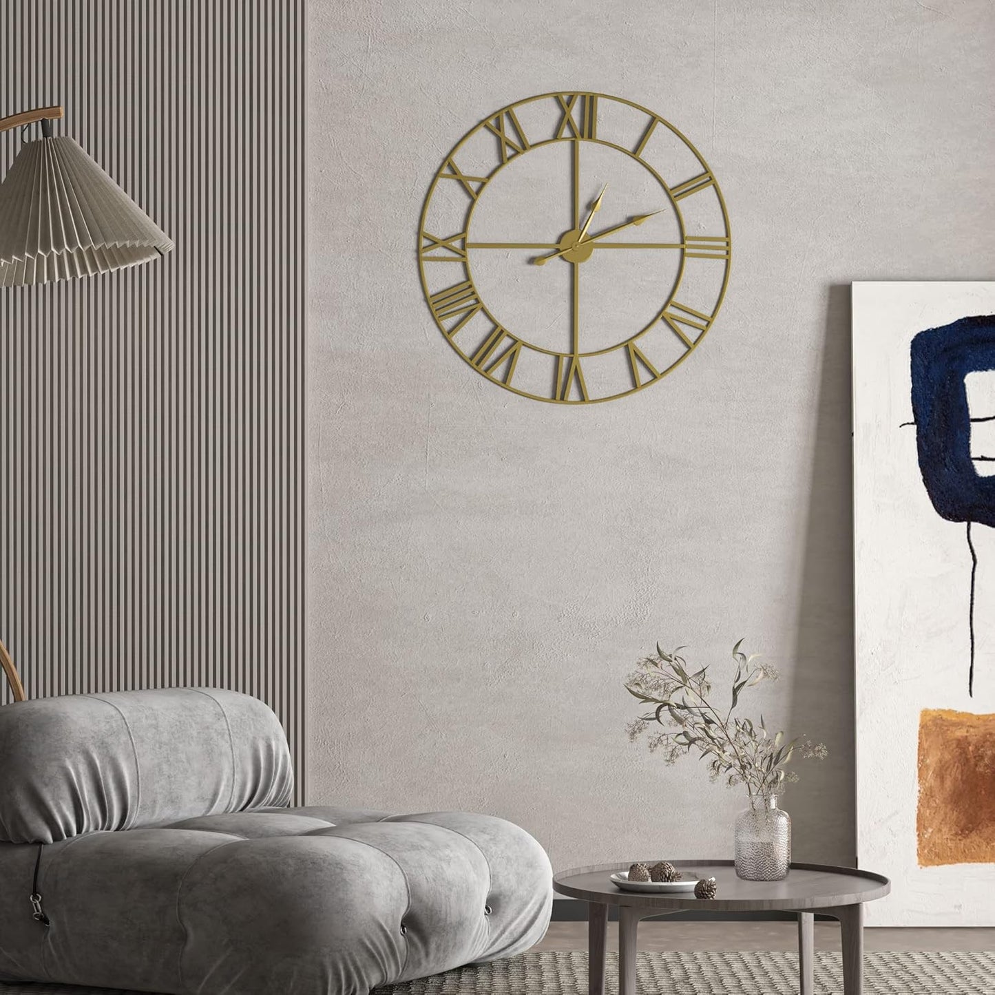 LEIKE Large Modern Wall Clocks,18" Gold Metal,Rustic,Round,Silent Non Ticking,Battery Operated Roman Numerals Clock for Living Room/Bedroom/Kitchen Wall Decor-(Gold, 47cm)