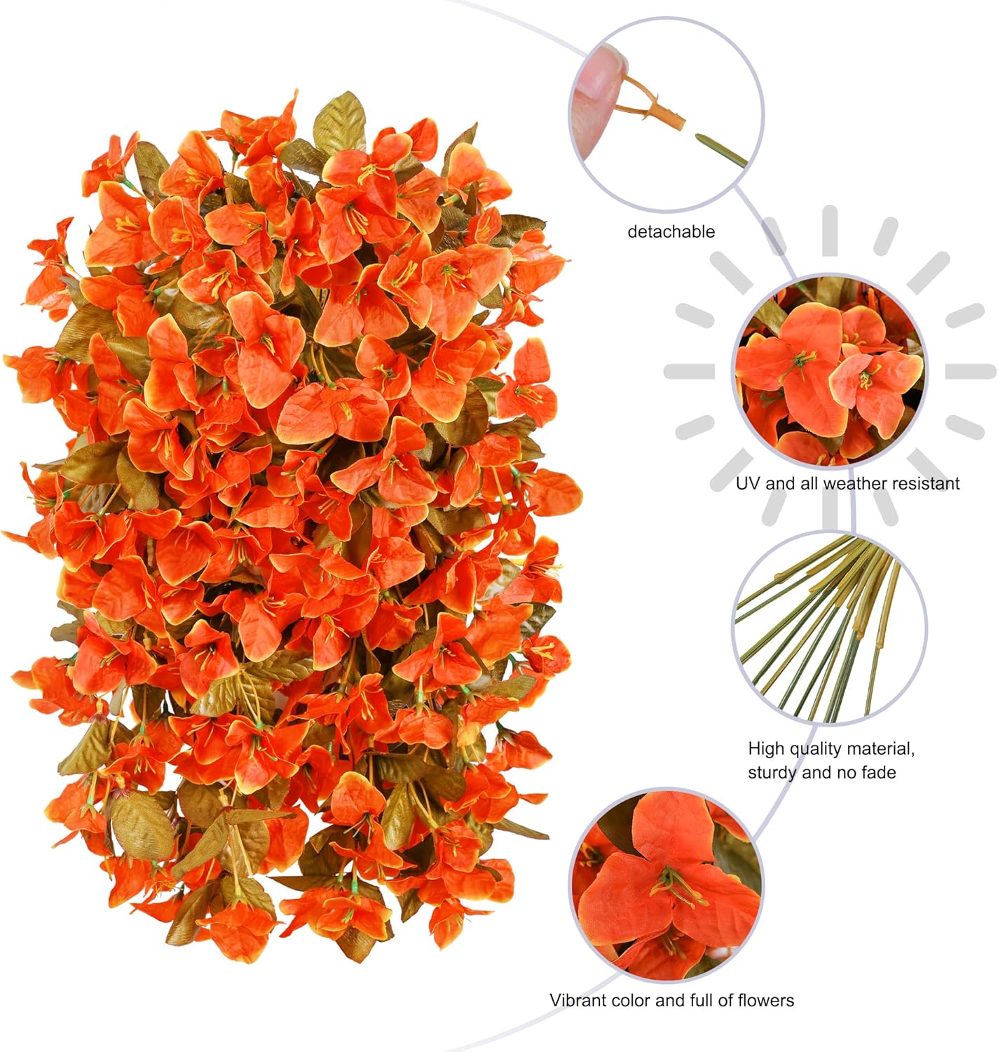 Bougainvillea Artificial Flowers Plants for Outdoors Outside Fall Autumn Decor, 2 pcs Faux Silk Long Trailing Vines UV Resistant Look Real Orange Fake Flowers for Front Door Porch Planter Urn Patio