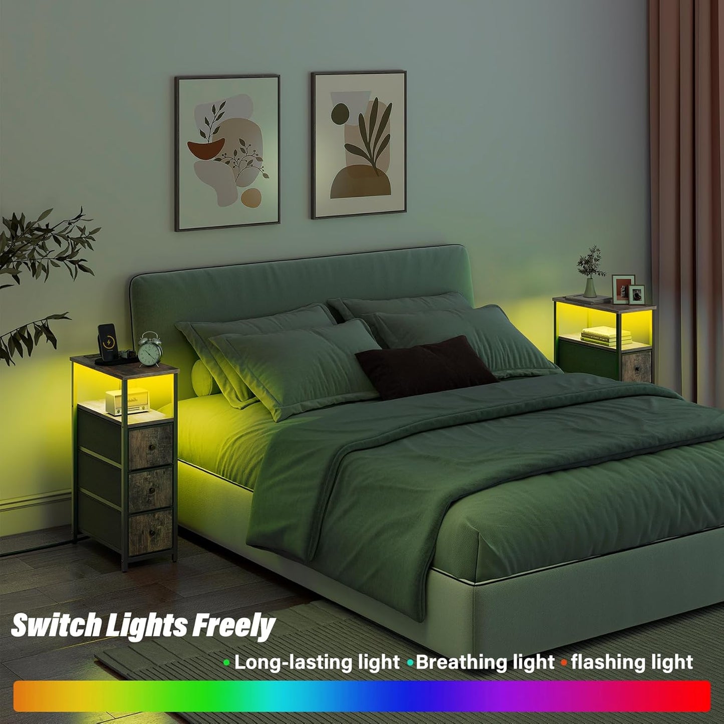 TUTOTAK Narrow LED Night Stand with Charging Station, Slim End Table with Plugins, Tall Side Table with 3 Fabric Drawer, Small Bedside Table with Storage, Set of 2, for Living Room, Brown TB01BB073L