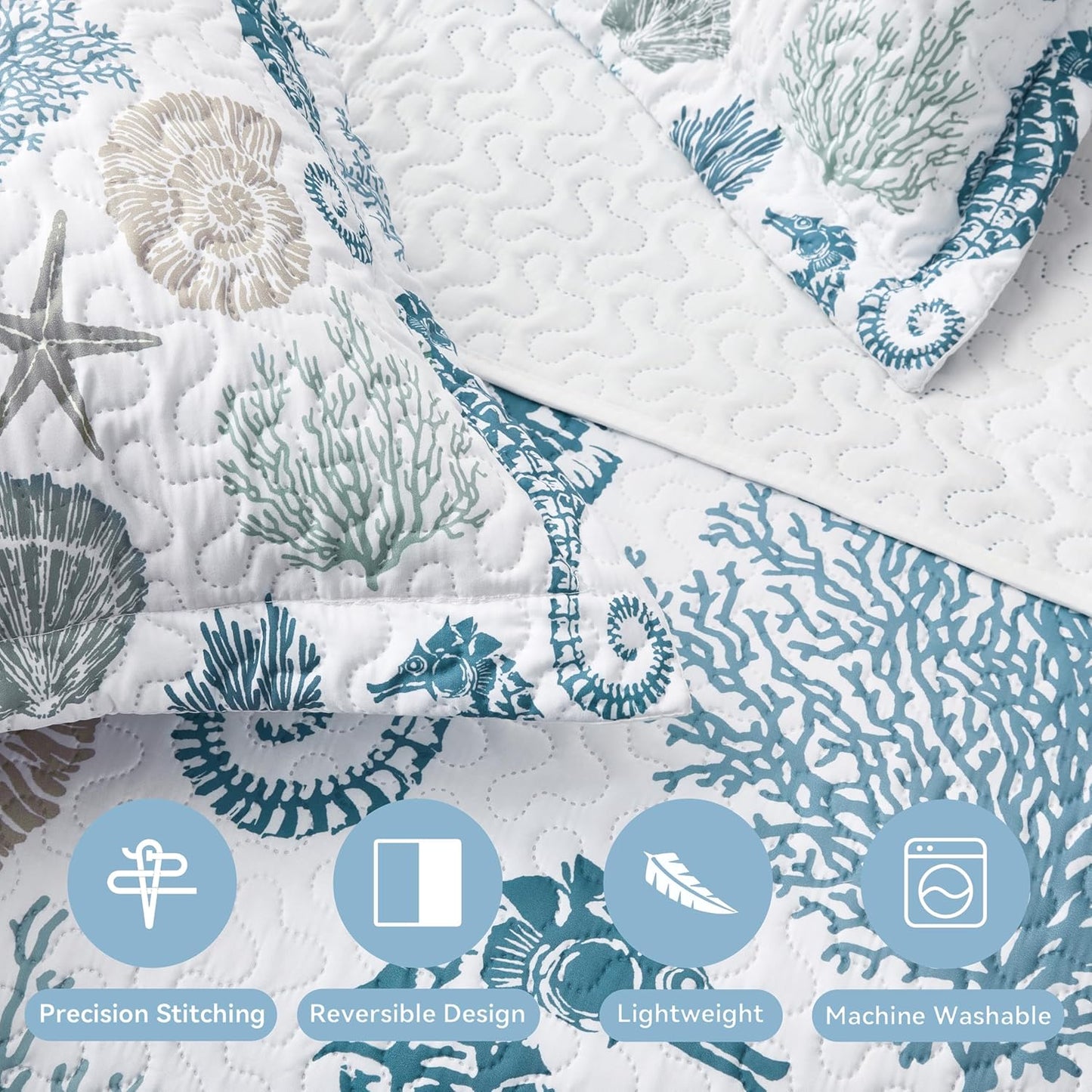 Coastal Bedding Twin Size Coastal Quilt with Shams, Nautical Beach Comforter Sets Ocean Bedspreads Blue Seahorse Coverlet Summer Bedding, 68''x86''
