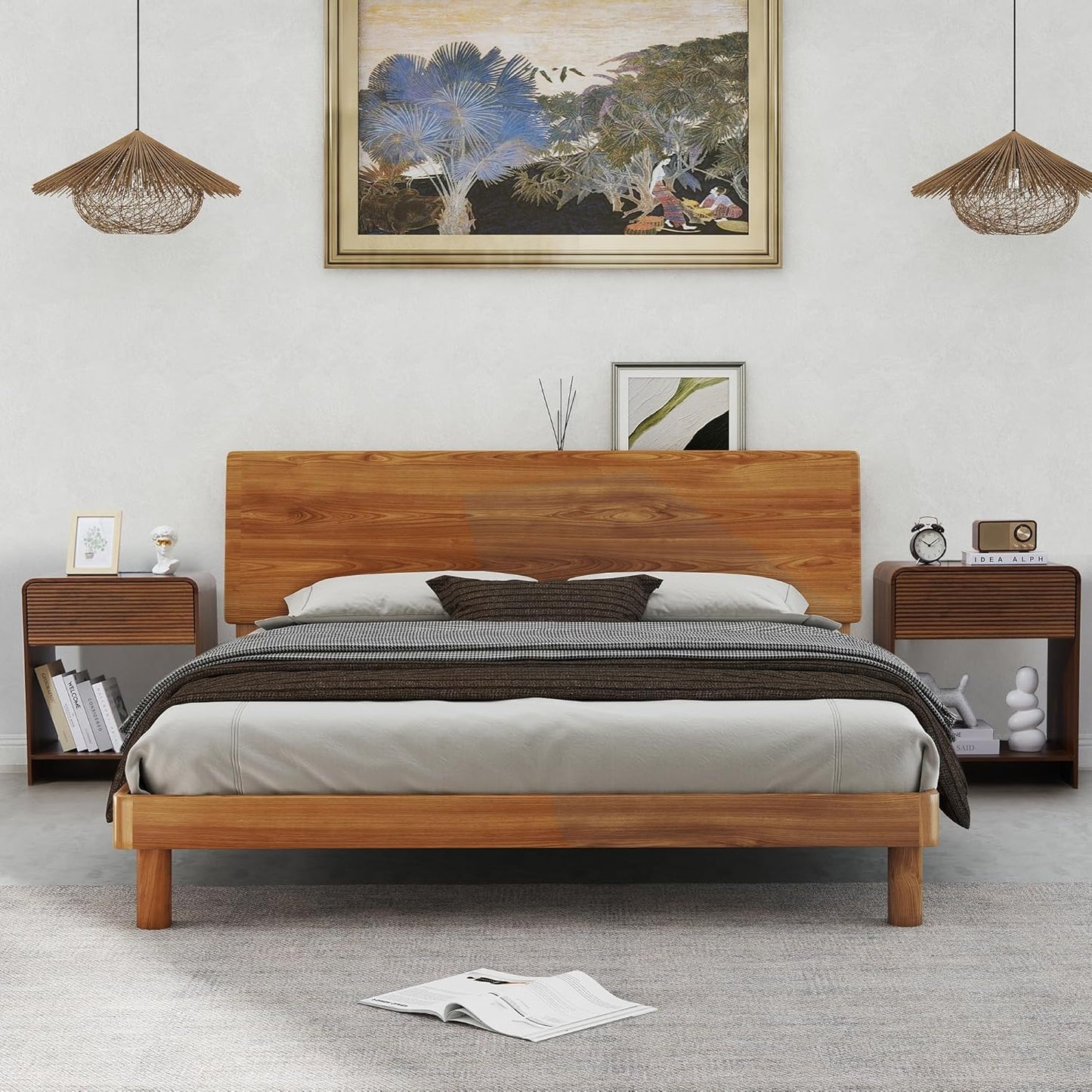 Fluted Nightstand Set of 2 with Charging Station, Modern Bed Side Table End Table with Drawer Storage, Large Wooden Night Stands Bedside for Bedroom Living Room Sofa Office, Walnut 2 Sets