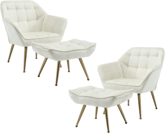 Modern Velvet Accent Chair with Ottoman Set of 2, Upholstered Lounge Chair with Footrest, Comfy Living Room Chair with Gold Legs Accent Side Chair Armchair for Small Space Bedroom, Beige