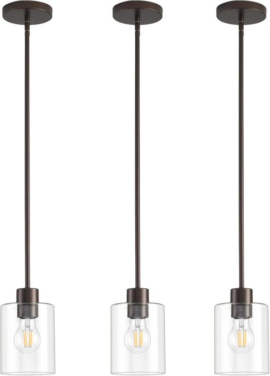 Oil Rubbed Bronze Pendant Lights Kitchen Island - Clear Glass Pendant Light Fixture Multiple Stems Rods 3 Units 12 Inch 3 Units 4 Inch (3 Pack Oil Rubbed Bronze Downrod)