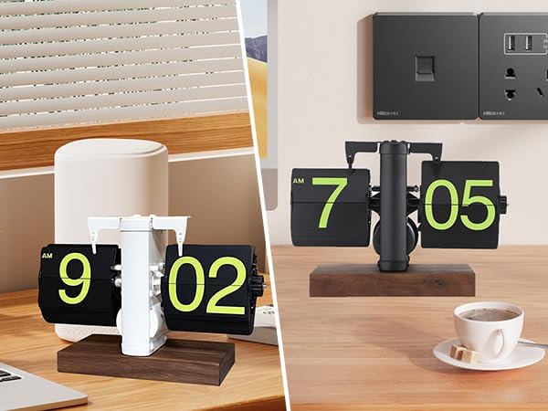 Flip Desk Clock, Retro Vintage Flip Desk Table Clock, Digital Clock Sided Large Numbers Mechanical Flip Clock Wood Base for Living Room, Study Room and Office（Frosted White）