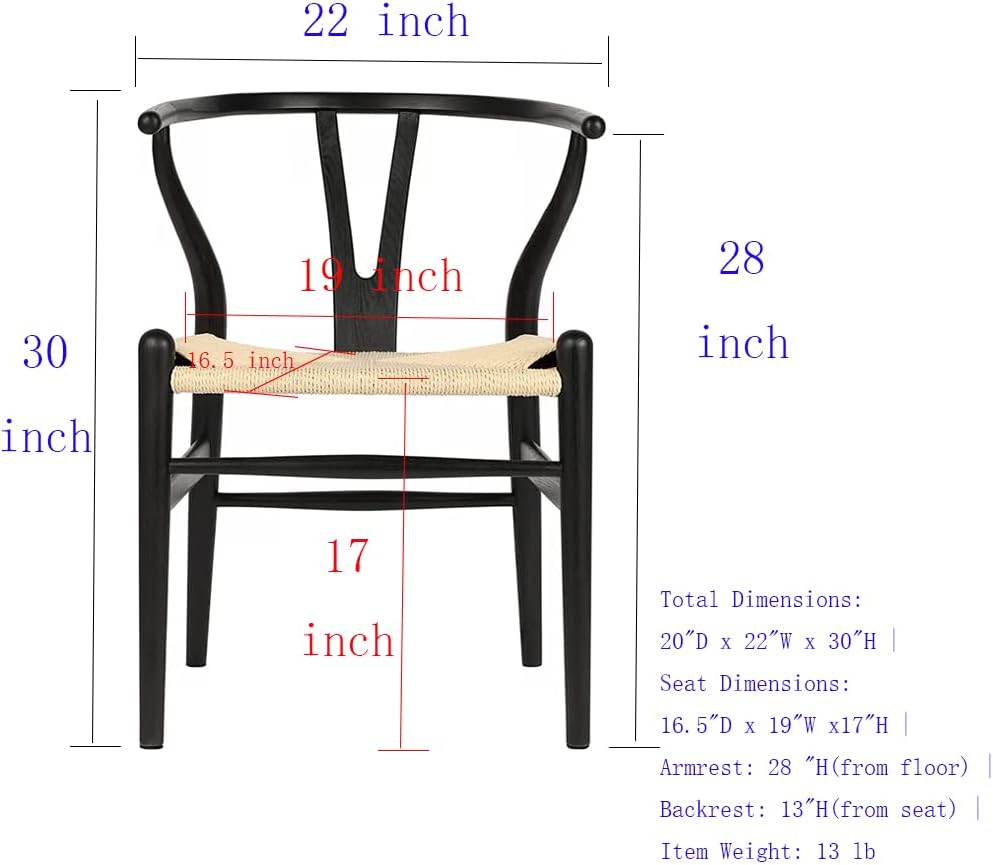 Tomile Solid Wood Wishbone Chair Y Chair Mid-Century Armrest Dining Chair, Hemp Seat (Ash-Black Frame + Natural Cord)