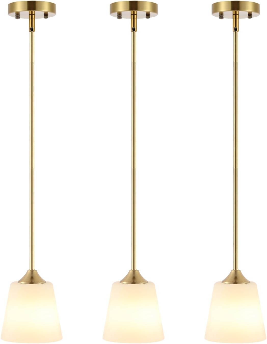 Modern Gold Pendant Light 3 Pack Brushed Brass Mid Century Chandelier White Cylinder Glass Shades Adjustable Rods Farmhouse Ceiling Hanging Lighting Fixture Kitchen Island Dining Room Bedroom