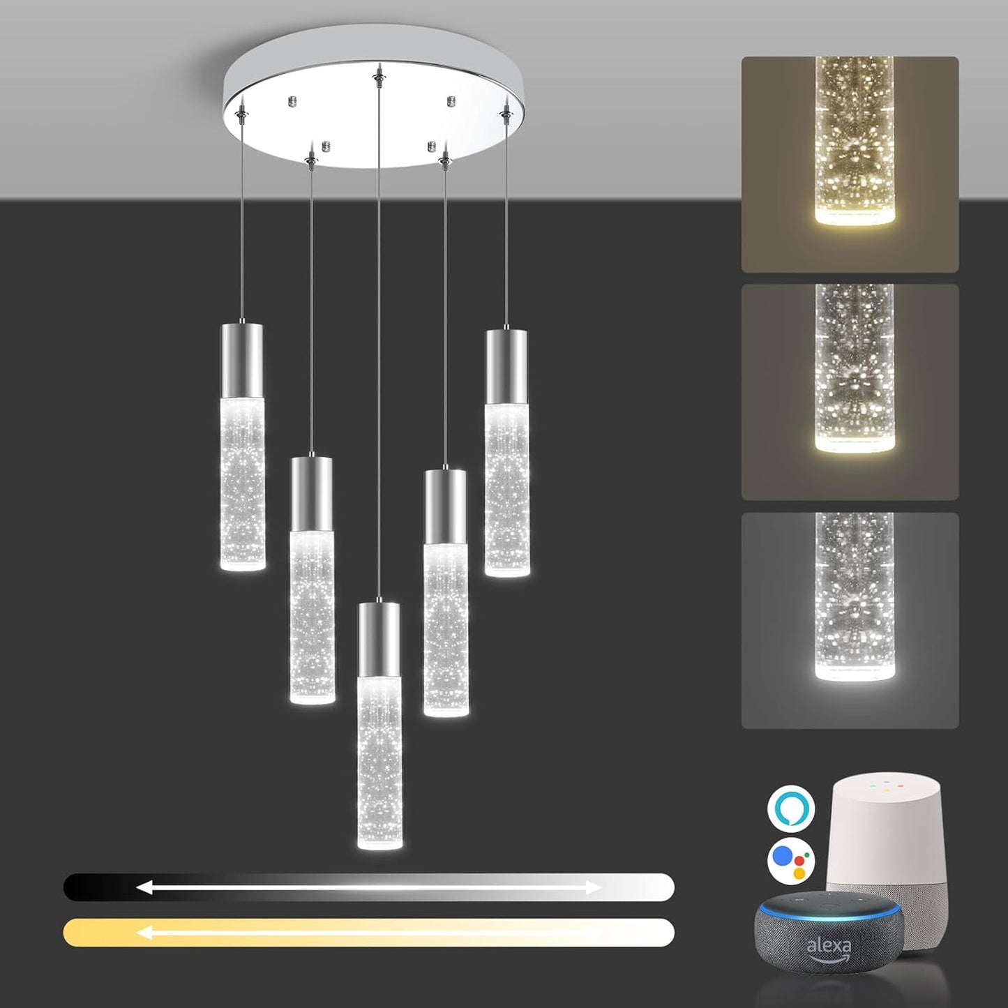 OKELI Smart Dimmable LED 5-Light Pendant Light for Kitchen Island, 18W 1350LM Modern Bubble Crystal Island Light Fixture with TUYA App & Voice Control, Adjustable 3000K-6000K, Electro-Chrome