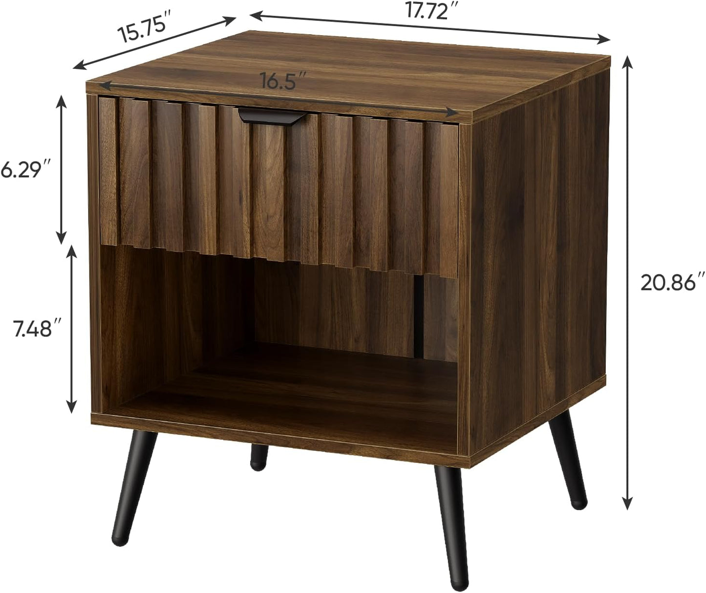 Smuxee Walnut Wooden Night Stand, Mid Century Nightstand with Fluted Drawer, Bedside Table with Open Shelf, Modern End Side Table for Bedroom