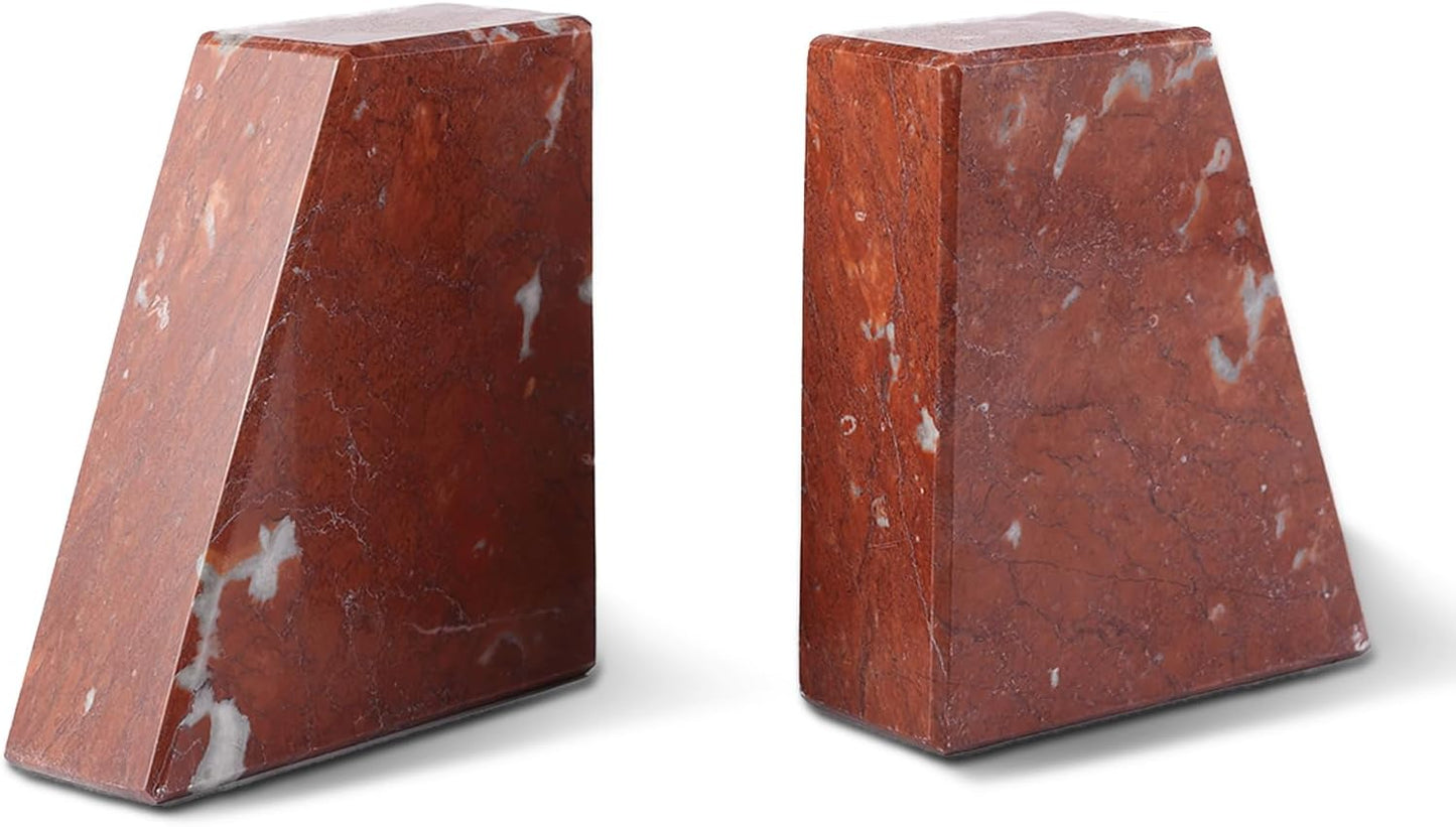 Marble Bookend for Heavy Books, Decorative Bookends for Shelves, 7.5LB Durable and Heavy-Duty Book End for Hardback Book & CDS, Unique Book Stopper & Holder, Rosso Francia, Set of 2