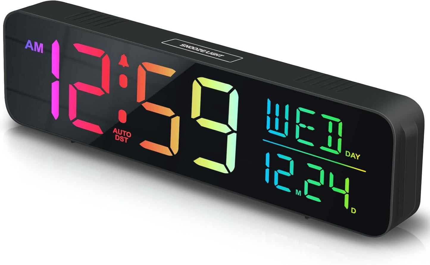 Peakeep Digital Alarm Clock for Bedrooms, Date Day of Week Large Display Numbers 6 Brightness Dimmer, 5 Volume Loud for Heavy Sleepers, 8 RGB Colors Electric Desk Clock Battery Backup, Auto DST