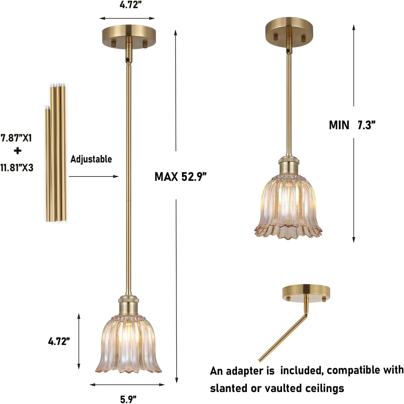 Modern Gold Pendant Light Brushed Brass Mid Century Chandelier Amber Glass Shades Adjustable Rods Farmhouse Ceiling Hanging Lighting Fixture Kitchen Island Dining Room Bedroom