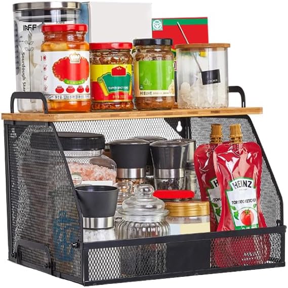 1 SET Large fruit basket for kitchen counter-stackable basket with Bamboo Tops & Tag,hanging wall baske,for Cabinet Shelf Countertop pantry storaget, onion potato Vegs Bread Food Organizing Bin,BLACK