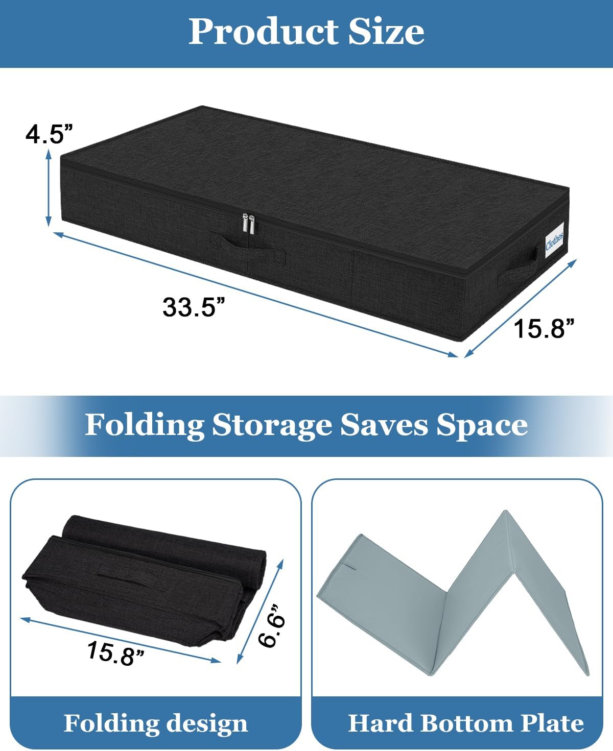 Cirhy Under Bed Storage Containers, 4.5 Inch Tall Low Profile Under Bed Storage with Sturdy Sidewalls & Bottom, UnderBed Storage for Clothes,Shoes, Pillow, Blankets Organizer, 2 Pack Black