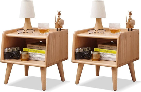 Small Nightstand, 100% Solid Oak Wood Bedside Table, Mid Century Modern Nightstand with Open Storage,Storage Cabinet for Bedroom (2pc Natural Color)