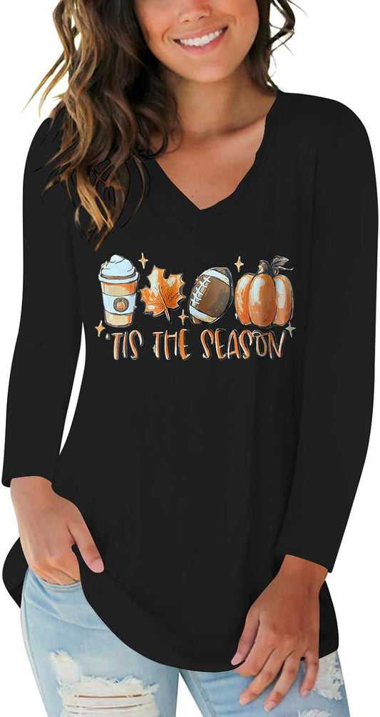 Tobrief Women's Long Sleeve V-Neck Shirts Fall Graphic Tees Loose Casual T-Shirt