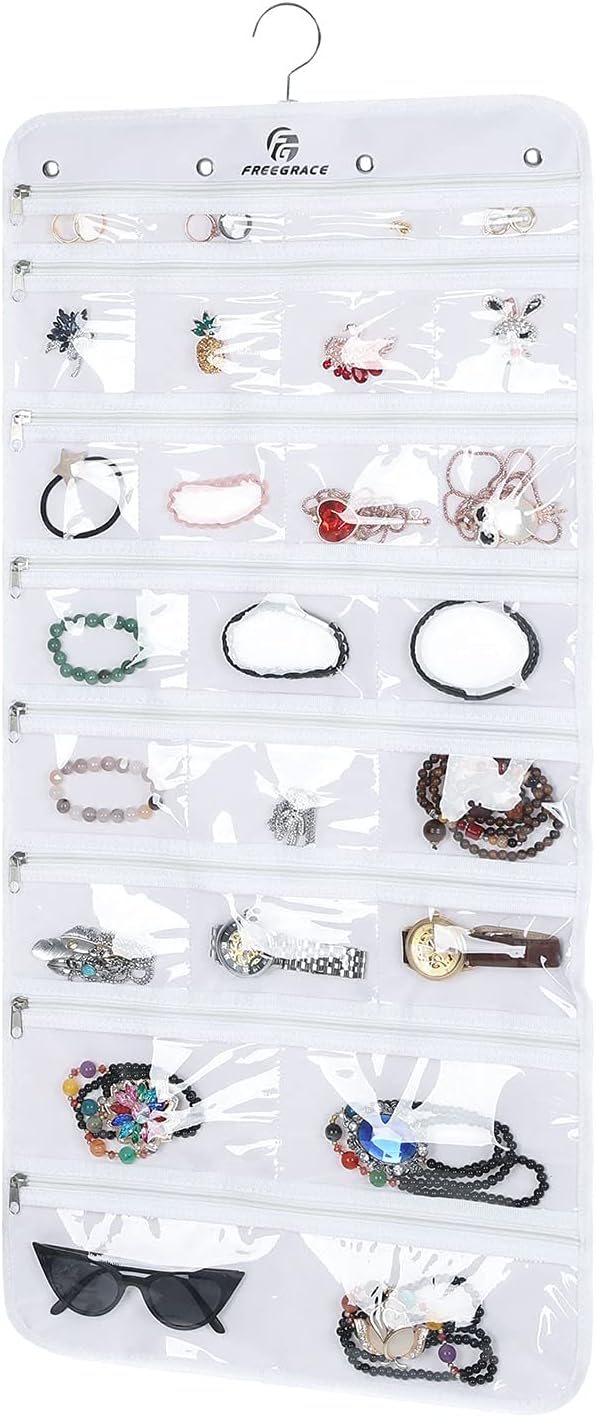 Freegrace Hanging Jewelry Organizer Revolving Hanger - Secure Zipper Closure - 25 Pockets,23 Hooks - Foldable Storage & Display Solution - For All Jewelry & Bijoux (White)