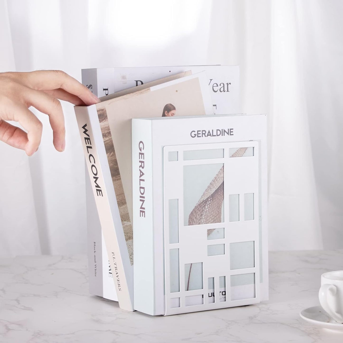 Book Ends, Bookends, Book Ends for Shelves, Bookends for Heavy Books, Book Divider Decorative Holder, Metal Heavy Duty Bookend White 1 Pair, Abstract Art Desgin Book Stopper Supports for Office, Home