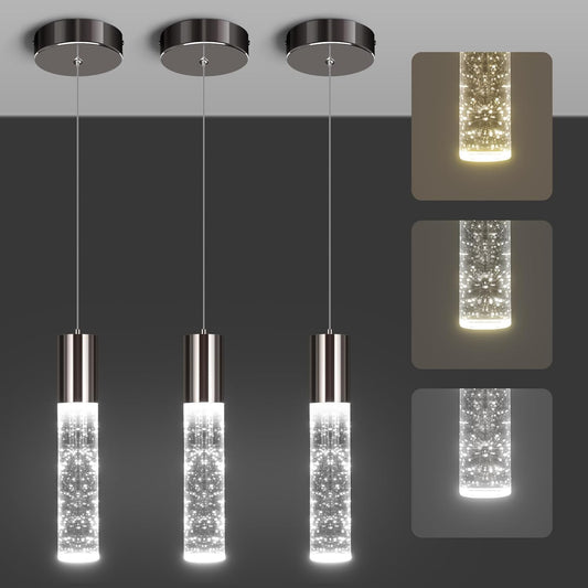 OKELI Modern Pendant Lights,3 Color LED Bubble Crystal Island Light Fixtures,Black Mini Pendant Lighting for Kitchen Island,Bar,6W,3000-6000K,ETL,3 Pack