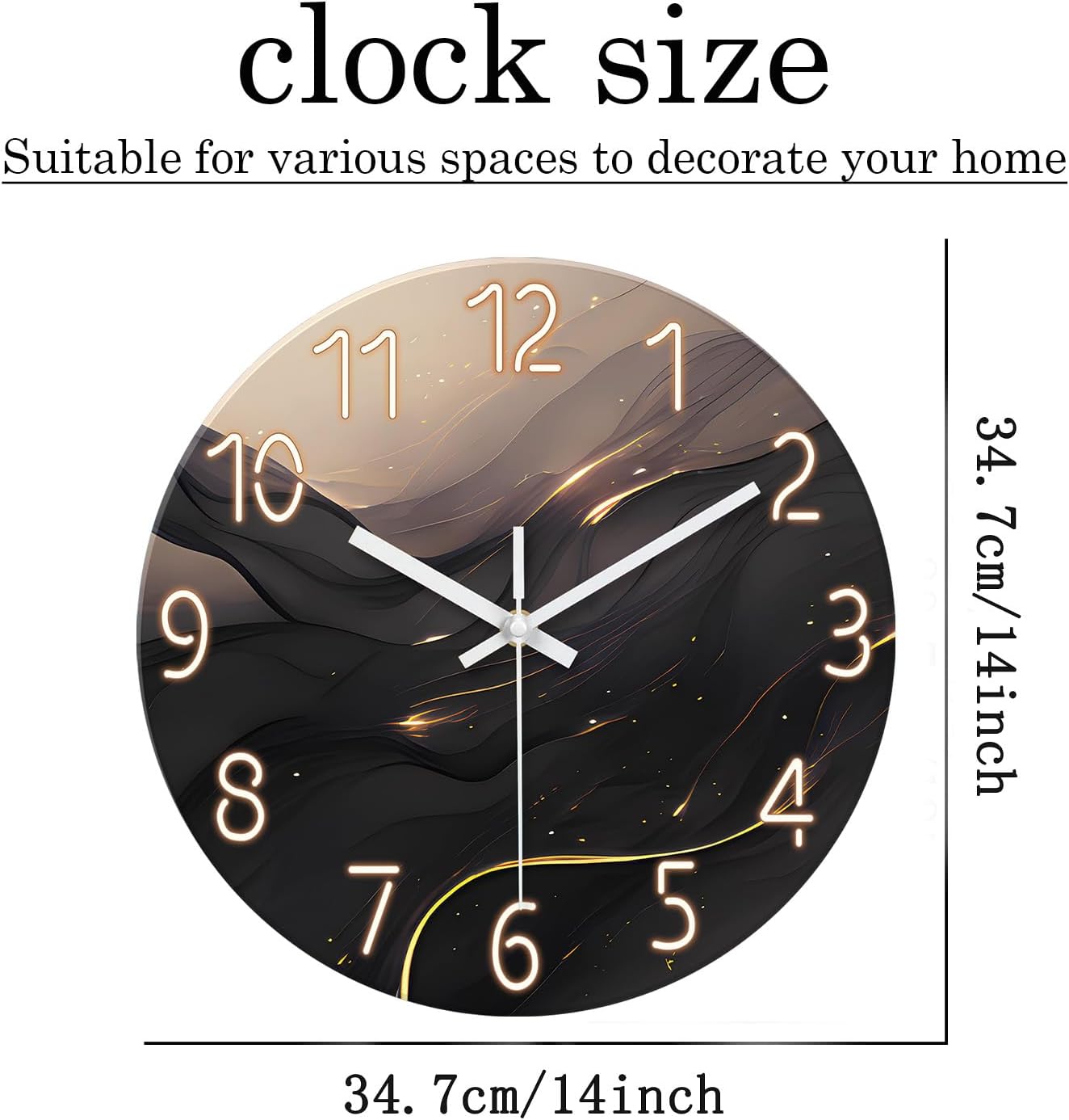 Black and Gold Wall Clocks Battery Operated 14 Inch Wall Clock Silent Non Ticking Glass Decorative Wall Clock for Office