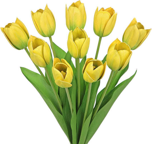 Artificial Tulips Flowers – 20" Long Stem Faux Tulips, 10PCS Real Touch Fake Yellow Tulip for Vase, Farmhouse, Kitchen, Spring & Wedding Home Decor