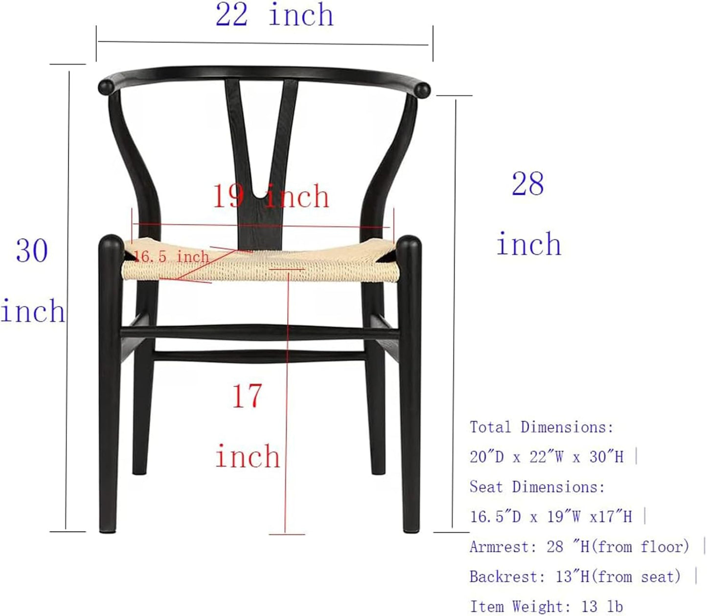 Tomile Solid Wood Wishbone Chair Y Chair Mid-Century Armrest Dining Chair, Hemp Seat (Ash Black + Natural Rope, Pack of 4)