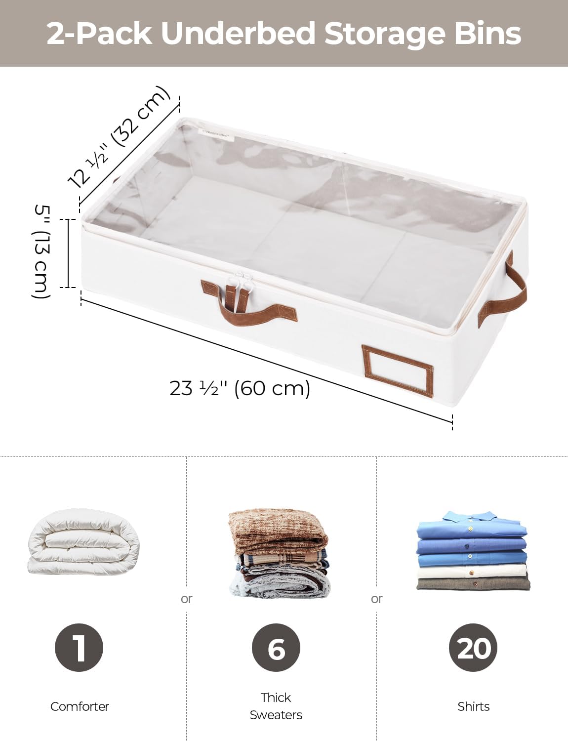 StorageWorks Under Bed Storage Containers with Handles and Label Holder, 2 Pack Ultra-thick Fabric Underbed Bins, Closet Organizer for Clothes, Blankets, Sweater