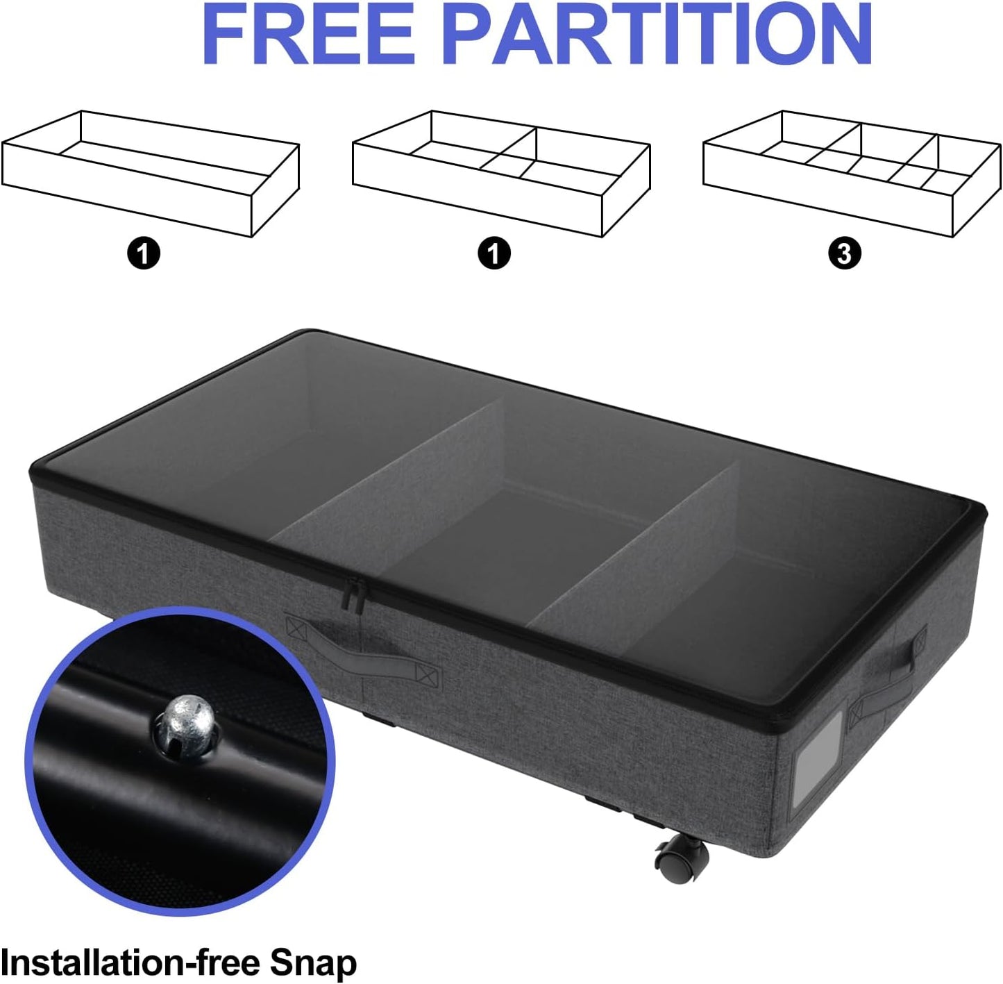 Under Bed Storage with Wheels, 2 Pack Under Bed Storage Containers with Transparent Lid, 50L Large Capacity Underbed Storage Containers, Underbed Storage Bins for Clothes, Shoes, Books, Toys, Black